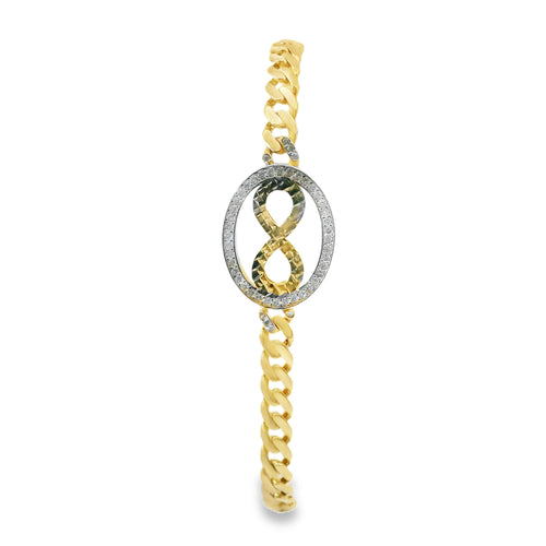 14KT Gold Bracelet Women's Single Charm Diamond Cut Infinity Loop with Oval White Gold CZ Stones Border and White CZ Stone End Cuban Link Lobster Clasp Band