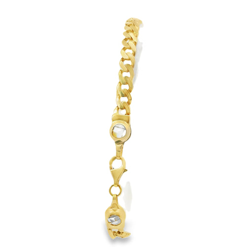 14KT Gold Bracelet Women's Single Charm Diamond Cut Infinity Loop with Oval White Gold CZ Stones Border and White CZ Stone End Cuban Link Lobster Clasp Band