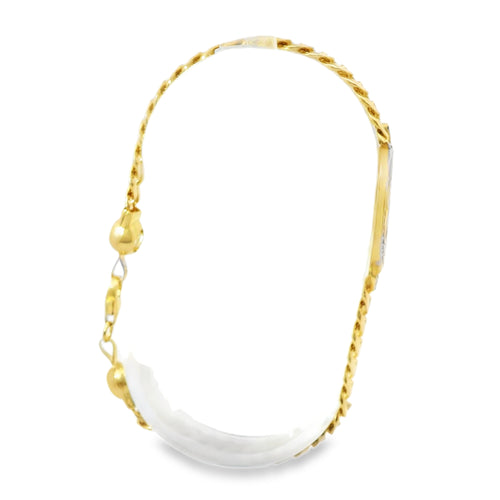14KT Gold Bracelet Women's Single Charm Diamond Cut Infinity Loop with Oval White Gold CZ Stones Border and White CZ Stone End Cuban Link Lobster Clasp Band