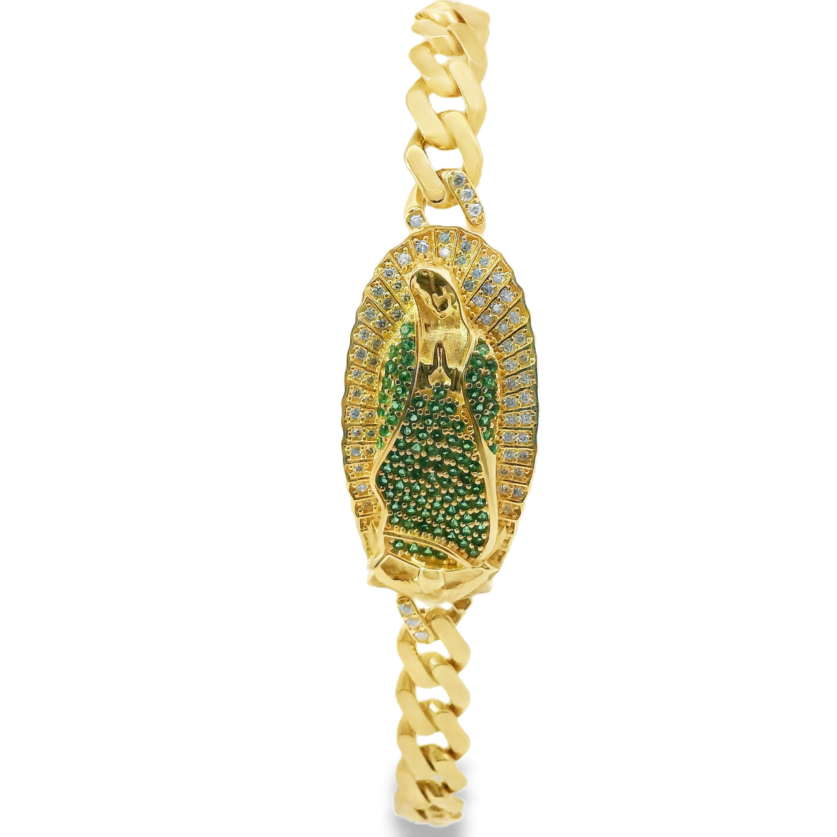14KT Gold Bracelet Women's Single Oval Charm Virgin Mary with Green CZ Stones Robe, White CZ Stones Background, and Cuban Link White CZ Stones Crowned Diamond Shape Emblem Box Clasp Band