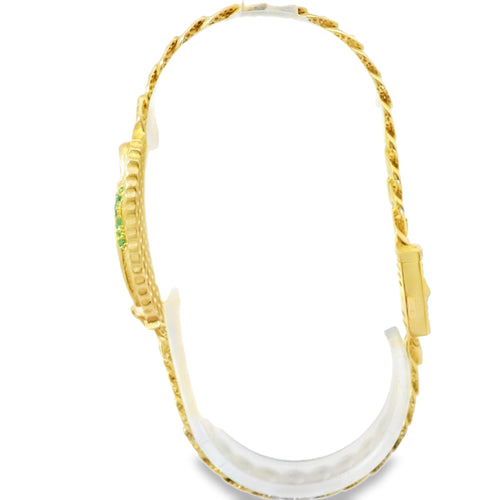 14KT Gold Bracelet Women's Single Oval Charm Virgin Mary with Green CZ Stones Robe, White CZ Stones Background, and Cuban Link White CZ Stones Crowned Diamond Shape Emblem Box Clasp Band
