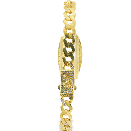14KT Gold Bracelet Women's Single Oval Charm Virgin Mary with Green CZ Stones Robe, White CZ Stones Background, and Cuban Link White CZ Stones Crowned Diamond Shape Emblem Box Clasp Band