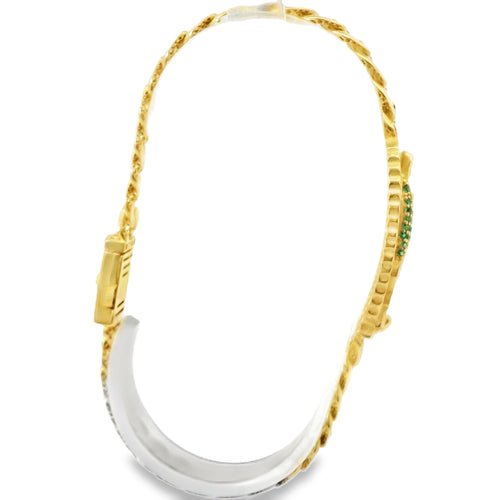 14KT Gold Bracelet Women's Single Oval Charm Virgin Mary with Green CZ Stones Robe, White CZ Stones Background, and Cuban Link White CZ Stones Crowned Diamond Shape Emblem Box Clasp Band