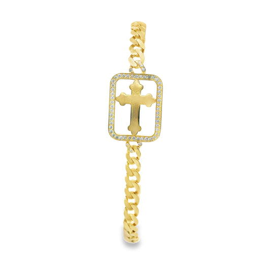 14KT Gold Bracelet Women's Single Charm Diamond Cut Engravable Cross with Rectangle White CZ Stones Border and White CZ Stone End Cuban Link Lobster Clasp Band