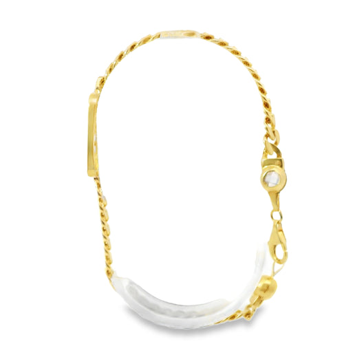 14KT Gold Bracelet Women's Single Charm Diamond Cut Engravable Cross with Rectangle White CZ Stones Border and White CZ Stone End Cuban Link Lobster Clasp Band