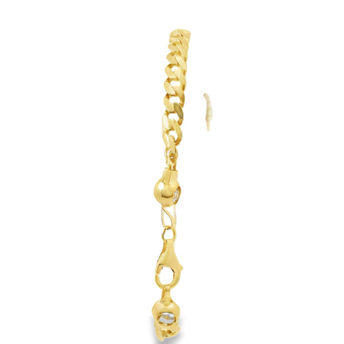 14KT Gold Bracelet Women's Single Charm Diamond Cut Engravable Cross with Rectangle White CZ Stones Border and White CZ Stone End Cuban Link Lobster Clasp Band
