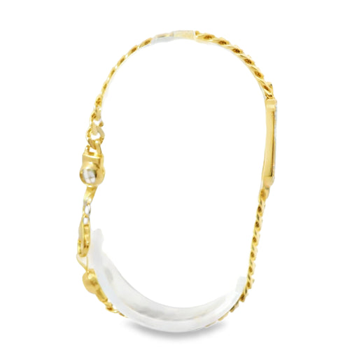 14KT Gold Bracelet Women's Single Charm Diamond Cut Engravable Cross with Rectangle White CZ Stones Border and White CZ Stone End Cuban Link Lobster Clasp Band