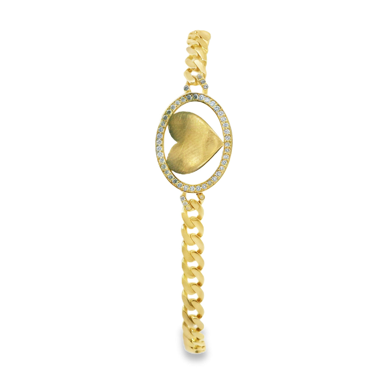 14KT Gold Bracelet Women's Single Charm Engravable Heart with Oval White CZ Stones Border and White CZ Stone End Cuban Link Lobster Clasp Band