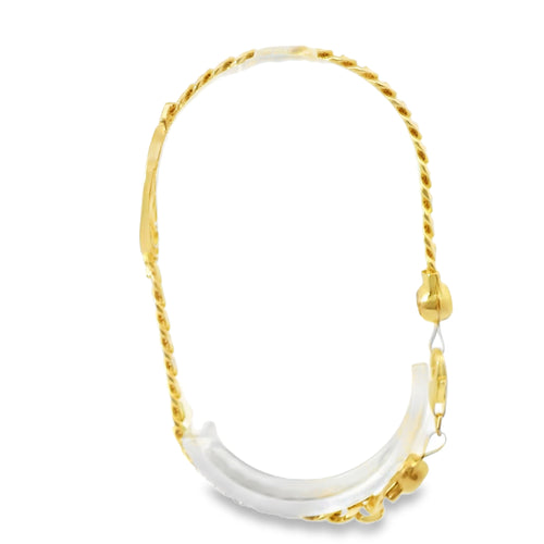 14KT Gold Bracelet Women's Single Charm Engravable Heart with Oval White CZ Stones Border and White CZ Stone End Cuban Link Lobster Clasp Band