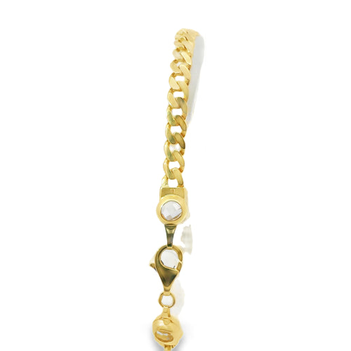 14KT Gold Bracelet Women's Single Charm Engravable Heart with Oval White CZ Stones Border and White CZ Stone End Cuban Link Lobster Clasp Band