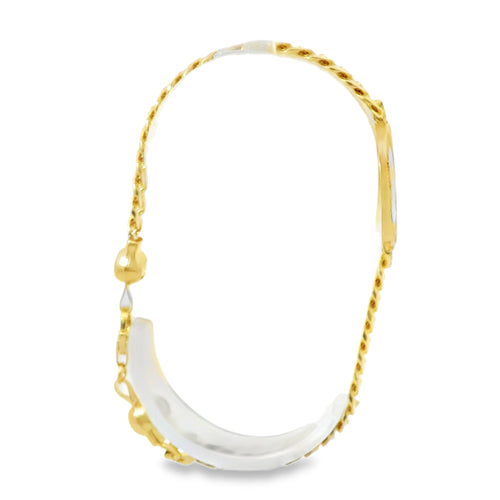 14KT Gold Bracelet Women's Single Charm Engravable Heart with Oval White CZ Stones Border and White CZ Stone End Cuban Link Lobster Clasp Band