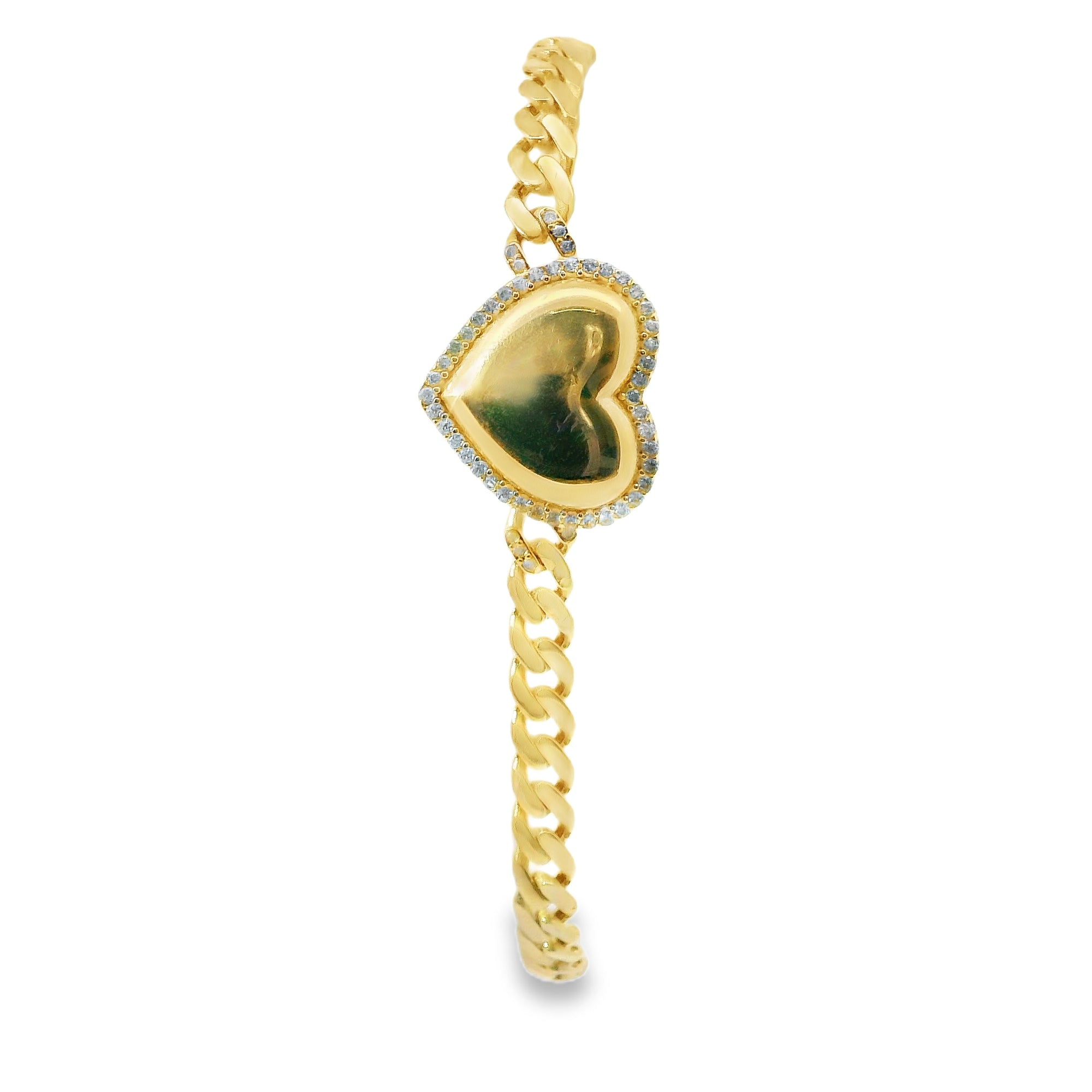 14KT Gold Bracelet Women's Single Charm Engravable Puff Heart with White CZ Stones Border and White CZ Stone End Cuban Link Lobster Clasp Band