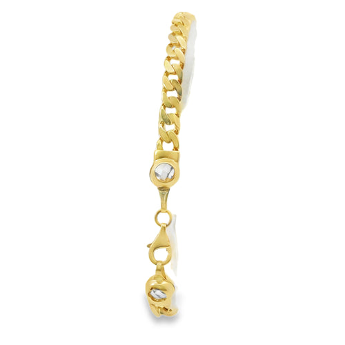 14KT Gold Bracelet Women's Single Charm Engravable Puff Heart with White CZ Stones Border and White CZ Stone End Cuban Link Lobster Clasp Band