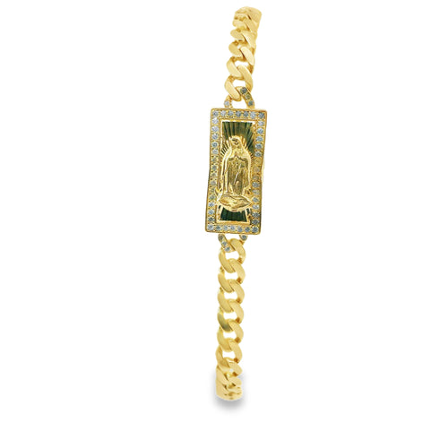 14KT Gold Bracelet Women's Single Charm Rectangle Sunray Virgin Mary with White CZ Stones Border and White CZ Stone End Cuban Link Lobster Clasp Band