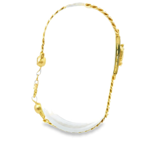14KT Gold Bracelet Women's Single Charm Rectangle Sunray Virgin Mary with White CZ Stones Border and White CZ Stone End Cuban Link Lobster Clasp Band