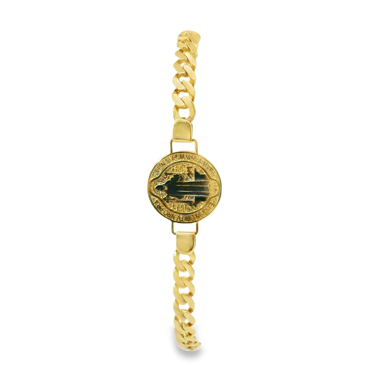 14KT Gold Bracelet Women's Single Charm Round St. Benedict Coin with White CZ Stone End Cuban Link Lobster Clasp Band