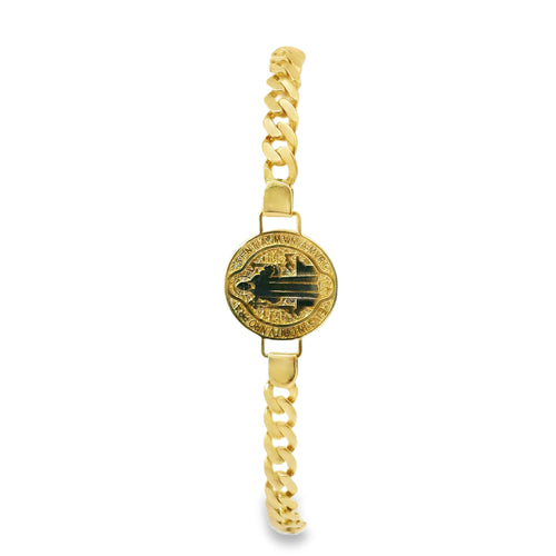 14KT Gold Bracelet Women's Single Charm Round St. Benedict Coin with White CZ Stone End Cuban Link Lobster Clasp Band
