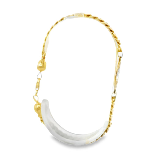 14KT Gold Bracelet Women's Single Charm Round St. Benedict Coin with White CZ Stone End Cuban Link Lobster Clasp Band