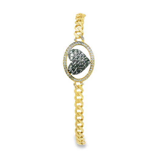 14KT Gold Bracelet Women's Single Charm Diamond Cut White Gold Heart with Oval White CZ Stones Border and White CZ Stone End Cuban Link Lobster Clasp Band