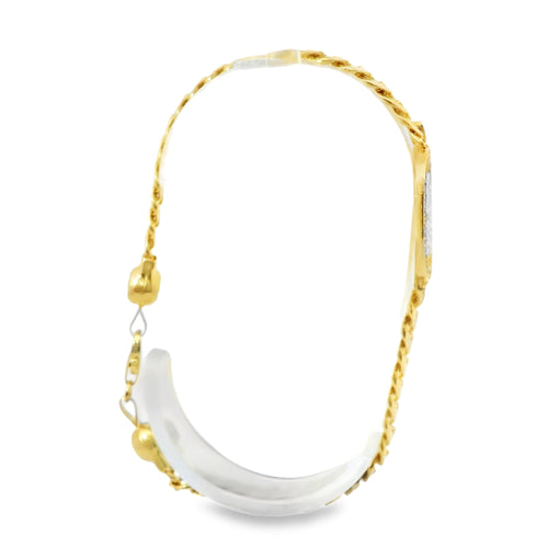 14KT Gold Bracelet Women's Single Charm Diamond Cut White Gold Heart with Oval White CZ Stones Border and White CZ Stone End Cuban Link Lobster Clasp Band