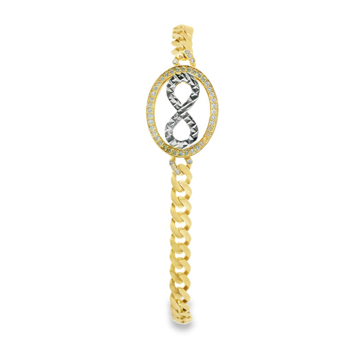 14KT Gold Bracelet Women's Single Charm Diamond Cut White Gold Infinity Loop with Oval White Gold CZ Stones Border and White CZ Stone End Cuban Link Lobster Clasp Band