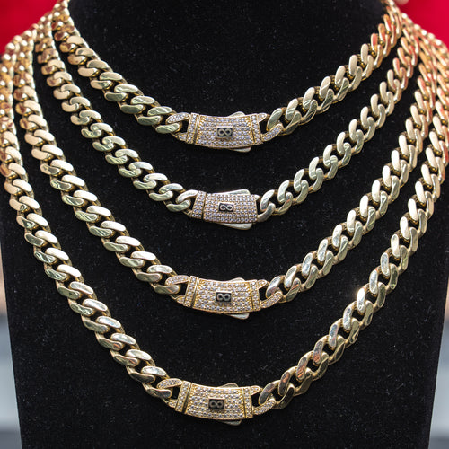14KT Gold Chain Hollow Crown Miami Link with Infinity Emblem on White CZ Stones Designer Clasp 2mm