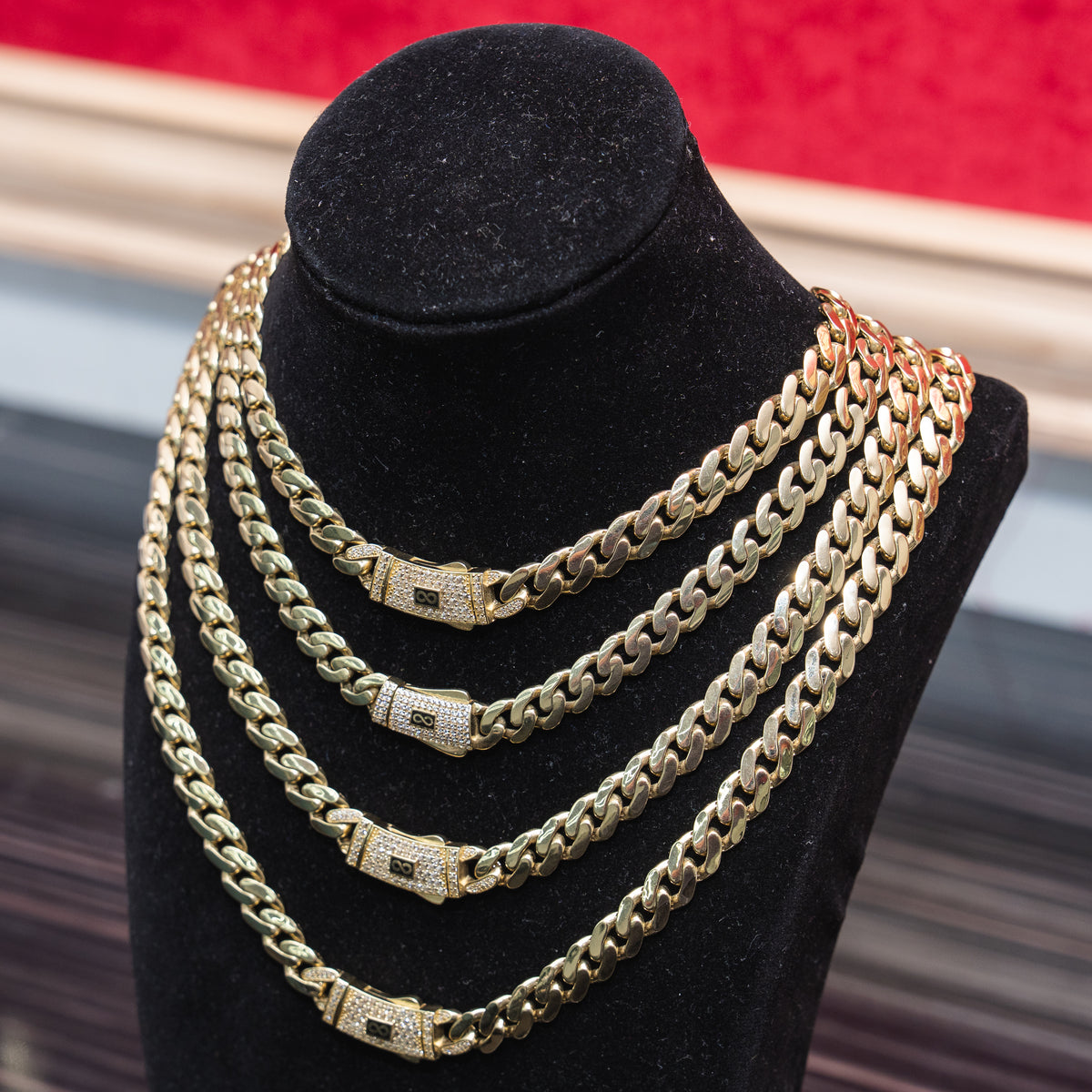 14KT Gold Chain Hollow Crown Miami Link with Infinity Emblem on White CZ Stones Designer Clasp 2.5mm