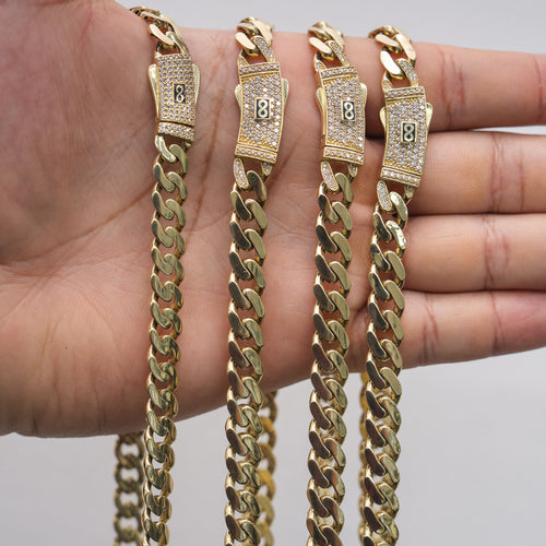 14KT Gold Chain Hollow Crown Miami Link with Infinity Emblem on White CZ Stones Designer Clasp 2mm