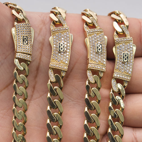 14KT Gold Chain Hollow Crown Miami Link with Infinity Emblem on White CZ Stones Designer Clasp 2mm