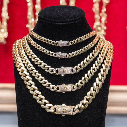 14KT Gold Chain Hollow Crown Miami Link with Diamond Shape Emblem on White CZ Stones Designer Clasp 2mm