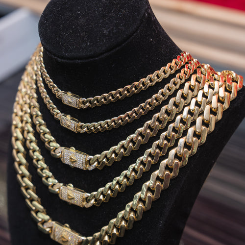 14KT Gold Chain Hollow Crown Miami Link with Diamond Shape Emblem on White CZ Stones Designer Clasp 2mm