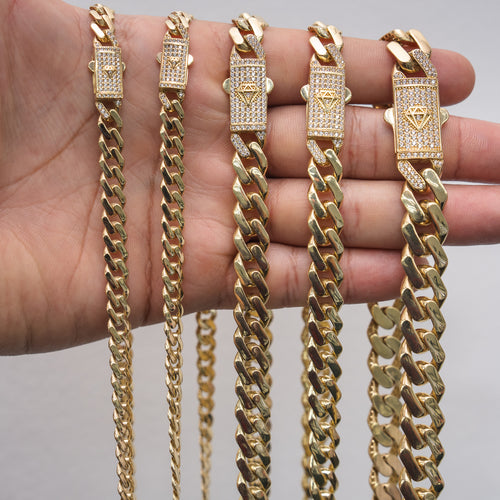 14KT Gold Chain Hollow Crown Miami Link with Diamond Shape Emblem on White CZ Stones Designer Clasp 2mm