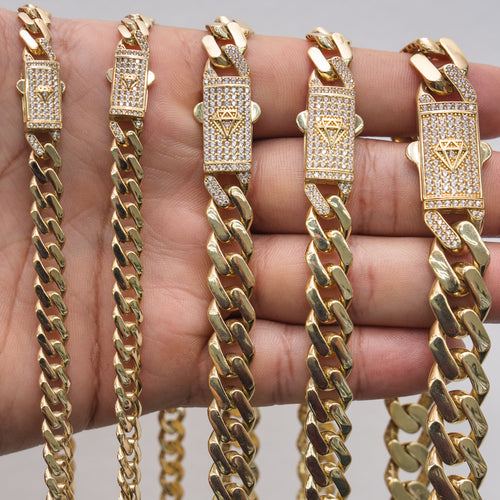 14KT Gold Chain Hollow Crown Miami Link with Diamond Shape Emblem on White CZ Stones Designer Clasp 2mm