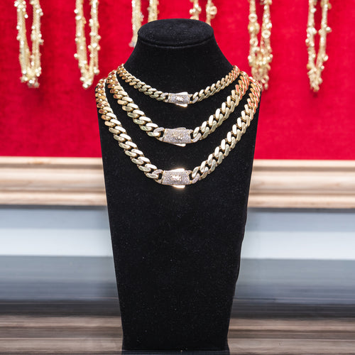 14KT Gold Chain Hollow Crown Miami Link with Lion Shape Emblem on White CZ Stones Designer Clasp 1.5mm