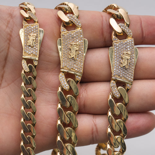 14KT Gold Chain Hollow Crown Miami Link with Lion Shape Emblem on White CZ Stones Designer Clasp 10mm
