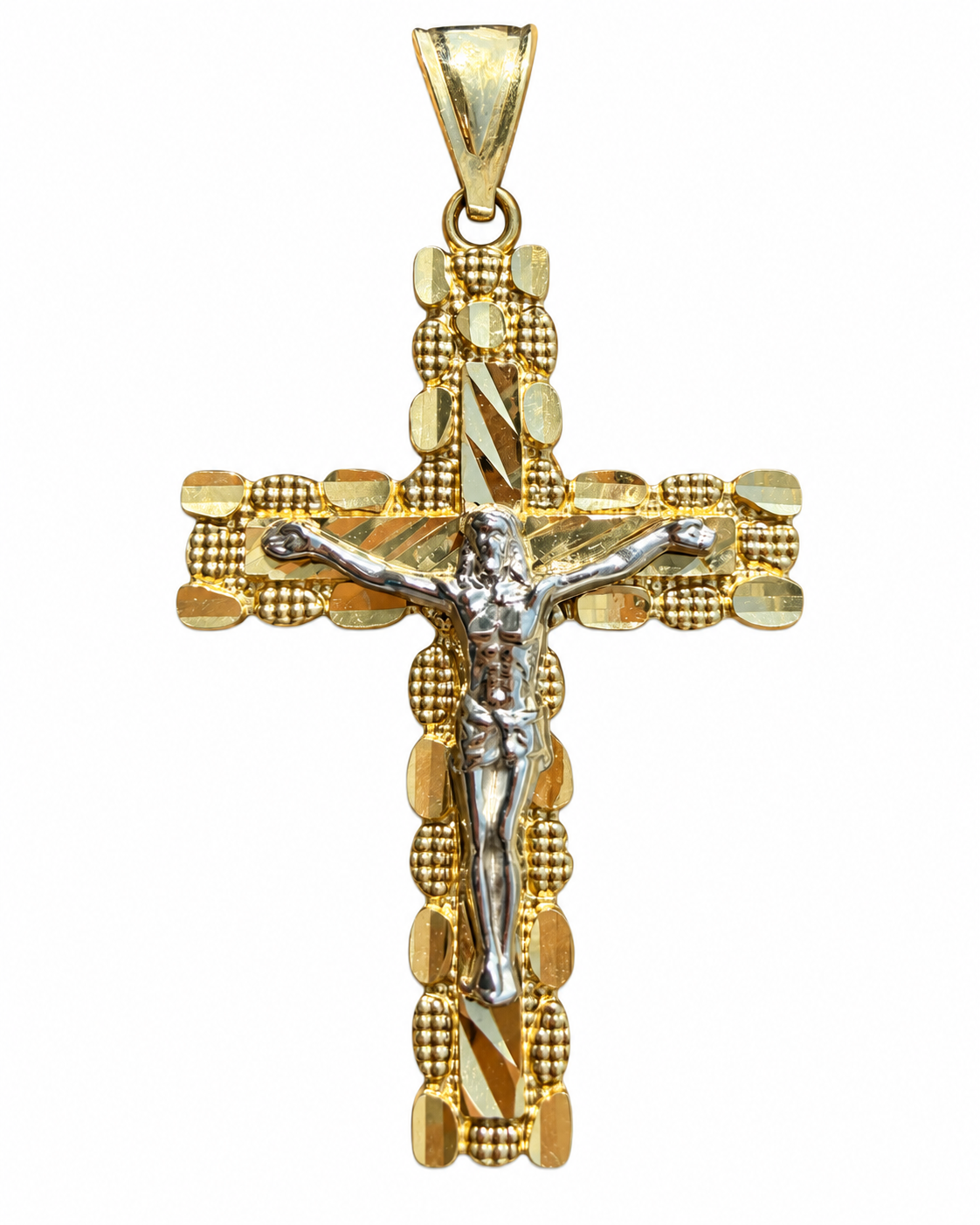 14KT Gold Charm Medium Two Tone Nugget Cross Crucifix with Plain Bell
