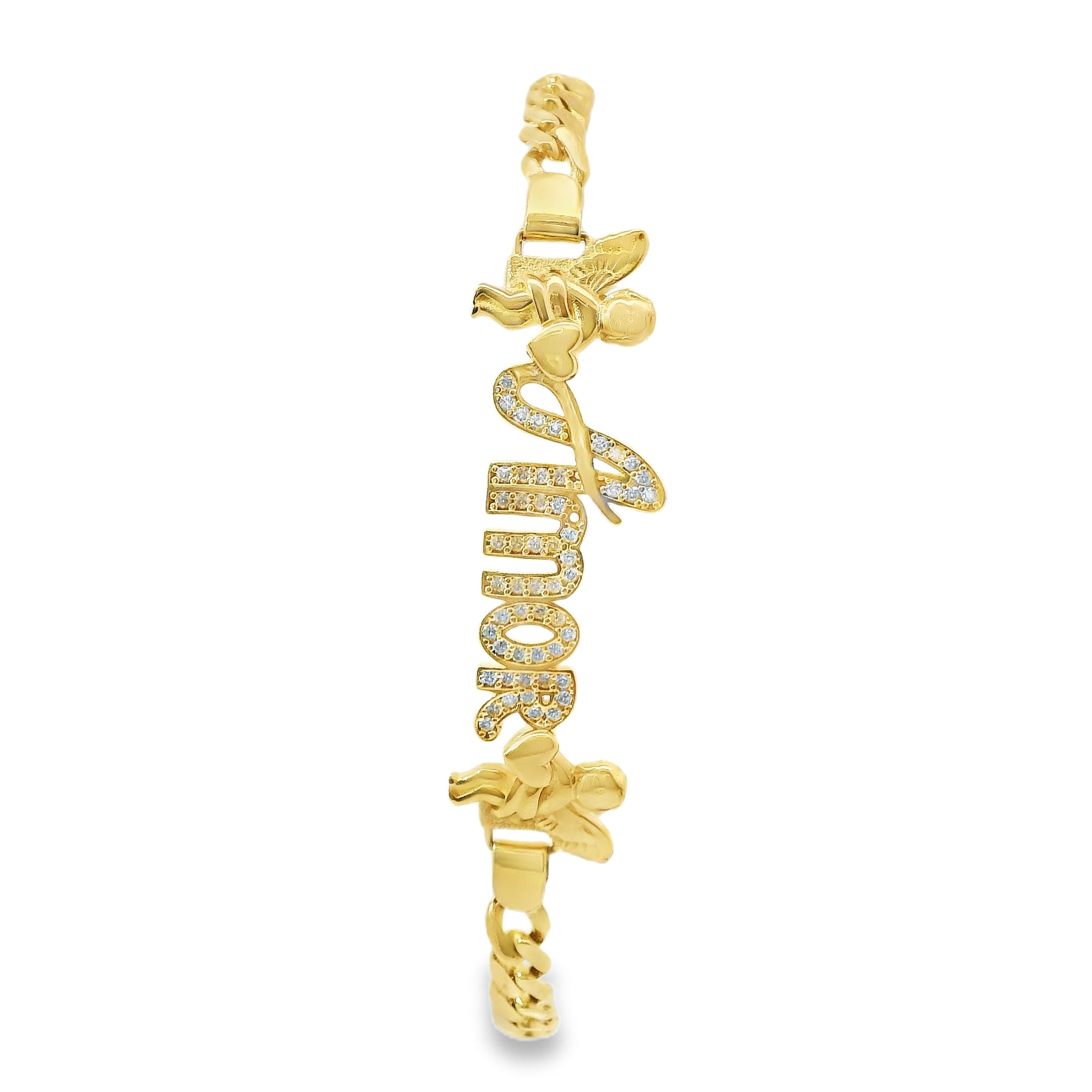14KT Gold Bracelet Women's Single Charm White CZ Stones "Amor" with Two Plain Angels Border and White CZ Stone End Cuban Link Lobster Clasp Band
