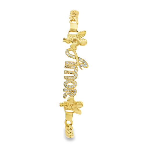 14KT Gold Bracelet Women's Single Charm White CZ Stones "Amor" with Two Plain Angels Border and White CZ Stone End Cuban Link Lobster Clasp Band