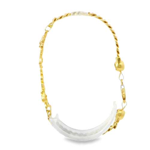 14KT Gold Bracelet Women's Single Charm White CZ Stones "Amor" with Two Plain Angels Border and White CZ Stone End Cuban Link Lobster Clasp Band