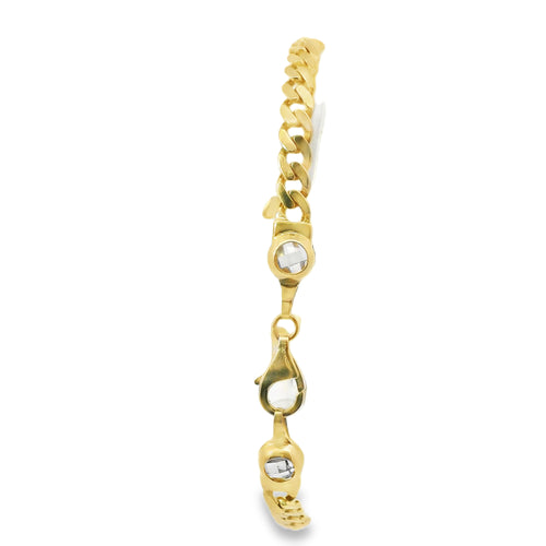 14KT Gold Bracelet Women's Single Charm White CZ Stones "Amor" with Two Plain Angels Border and White CZ Stone End Cuban Link Lobster Clasp Band