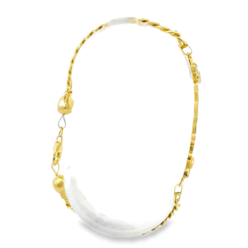 14KT Gold Bracelet Women's Single Charm White CZ Stones "Amor" with Two Plain Angels Border and White CZ Stone End Cuban Link Lobster Clasp Band