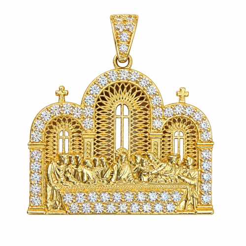 14KT Gold Charm Extra Large Last Supper Archway Background with White CZ Stones Border and Bell