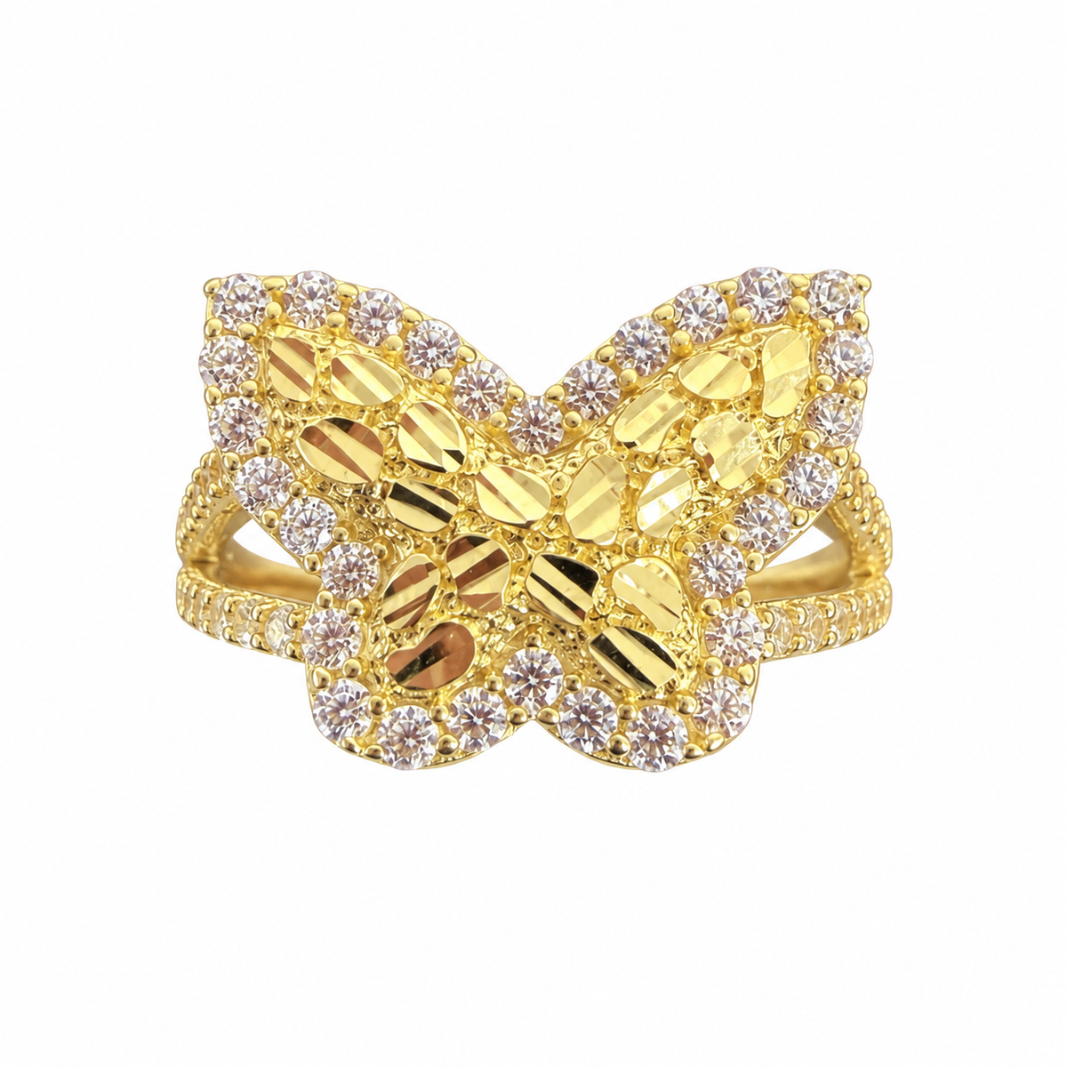 14KT Gold Ring Women's Butterfly Nugget Center with White CZ Stones Border and White CZ Stones Split Band