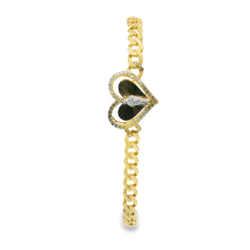 14KT Gold Bracelet Women's Single Charm Tri Tone Sunray St. Jude Heart with White CZ Stones Border and White CZ Stone End Cuban Link Lobster Clasp Band