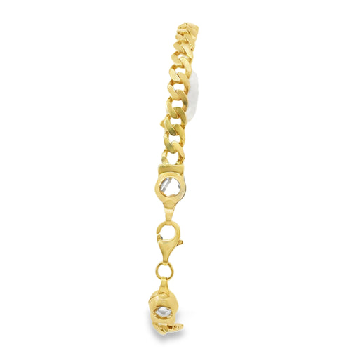 14KT Gold Bracelet Women's Single Charm Tri Tone Sunray Virgin Mary Heart with White CZ Stones Border and White CZ Stone End Cuban Link Lobster Clasp Band