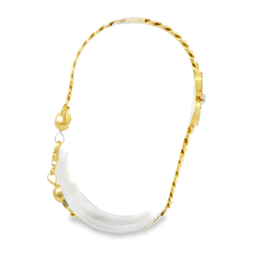 14KT Gold Bracelet Women's Single Charm Tri Tone Sunray Virgin Mary Heart with White CZ Stones Border and White CZ Stone End Cuban Link Lobster Clasp Band
