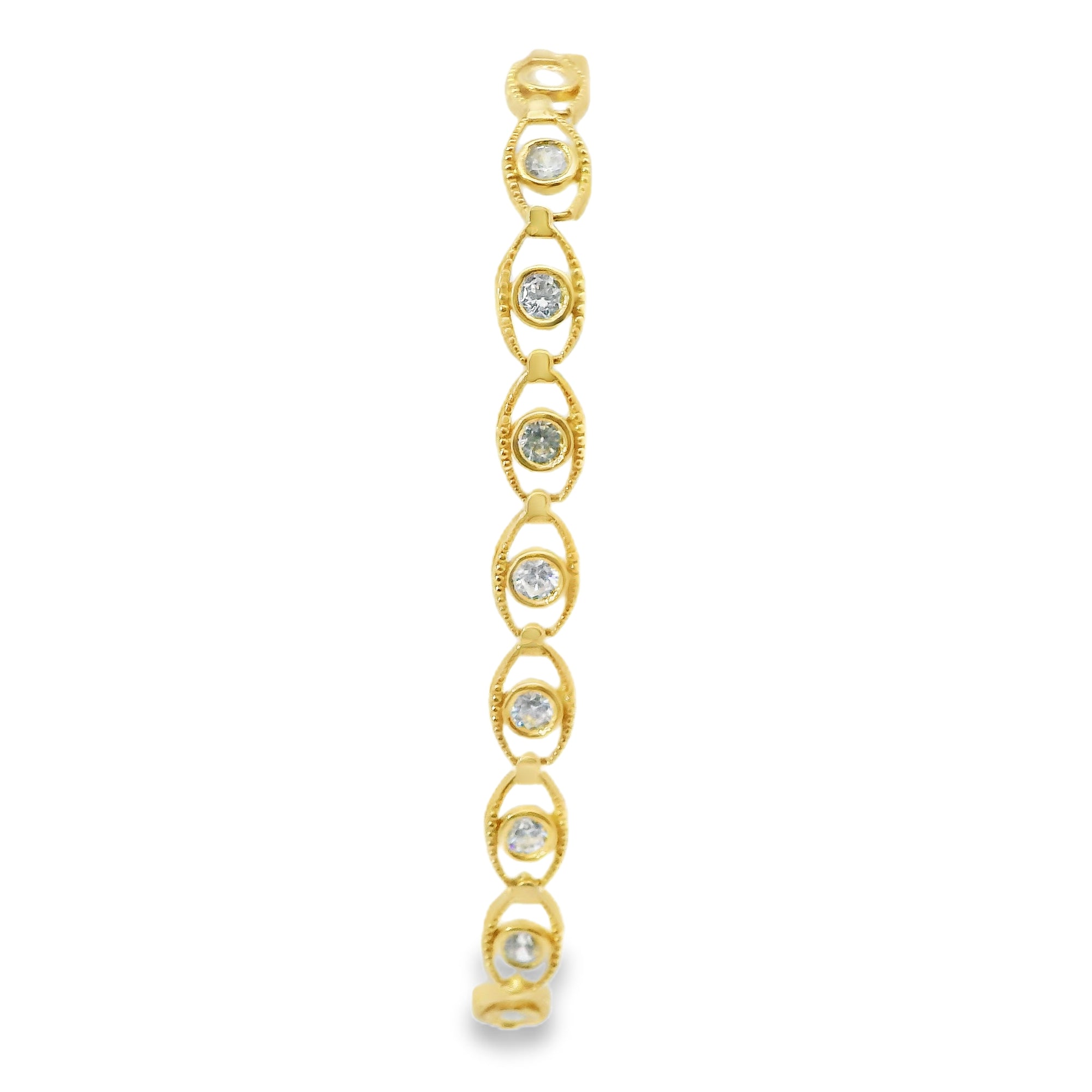 14KT Gold Bracelet Women's White CZ Stones Evil Eye Tennis with Beaded Border and Lobster Clasp