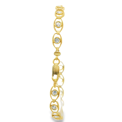 14KT Gold Bracelet Women's White CZ Stones Evil Eye Tennis with Beaded Border and Lobster Clasp