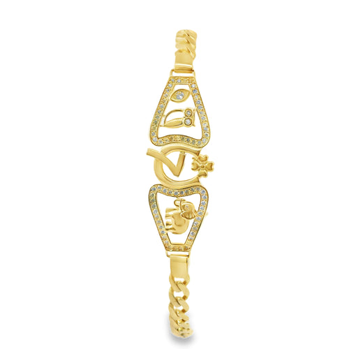 14KT Gold Bracelet Women's Lucky Plaque with Evil Eye, Owl, Horseshoe, Lucky 7, Four Leaf Clover, and Elephant with White CZ Stones Borders and White CZ Stone End Cuban Link Lobster Clasp Band