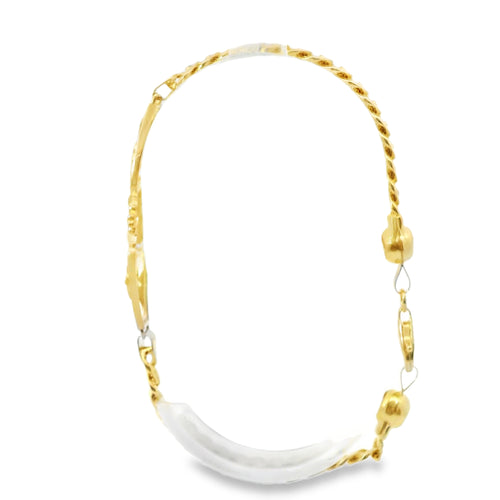 14KT Gold Bracelet Women's Lucky Plaque with Evil Eye, Owl, Horseshoe, Lucky 7, Four Leaf Clover, and Elephant with White CZ Stones Borders and White CZ Stone End Cuban Link Lobster Clasp Band